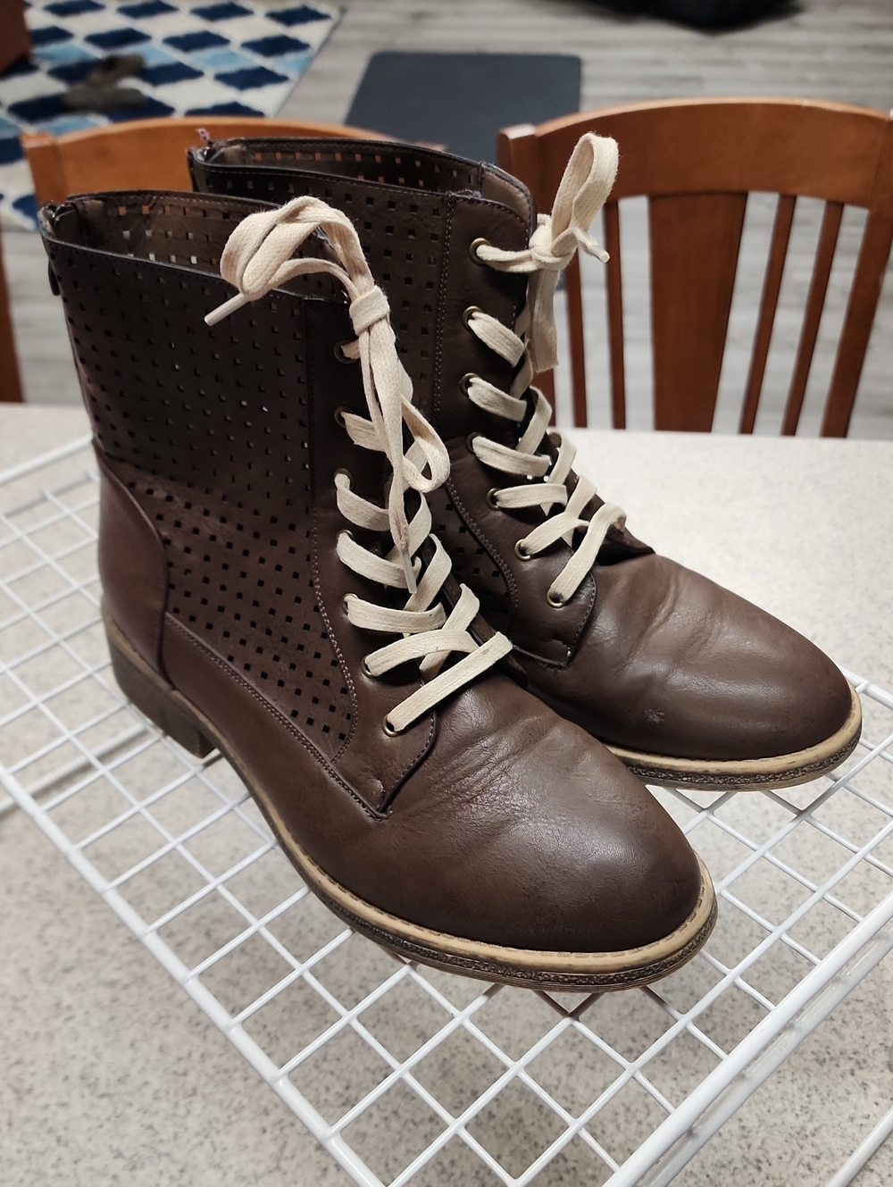 JC Women's Brown Perforated Lace-Up Ankle Boots with Cream Laces